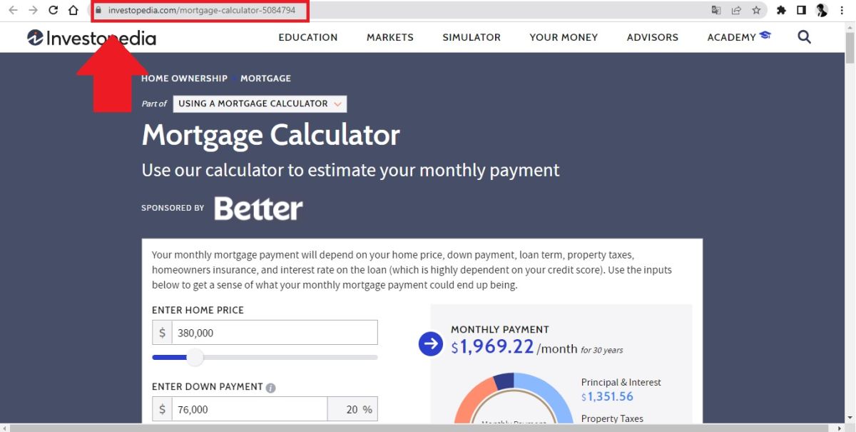 Captura de pantalla de la calculadora de hipotecas online de Investopedia.