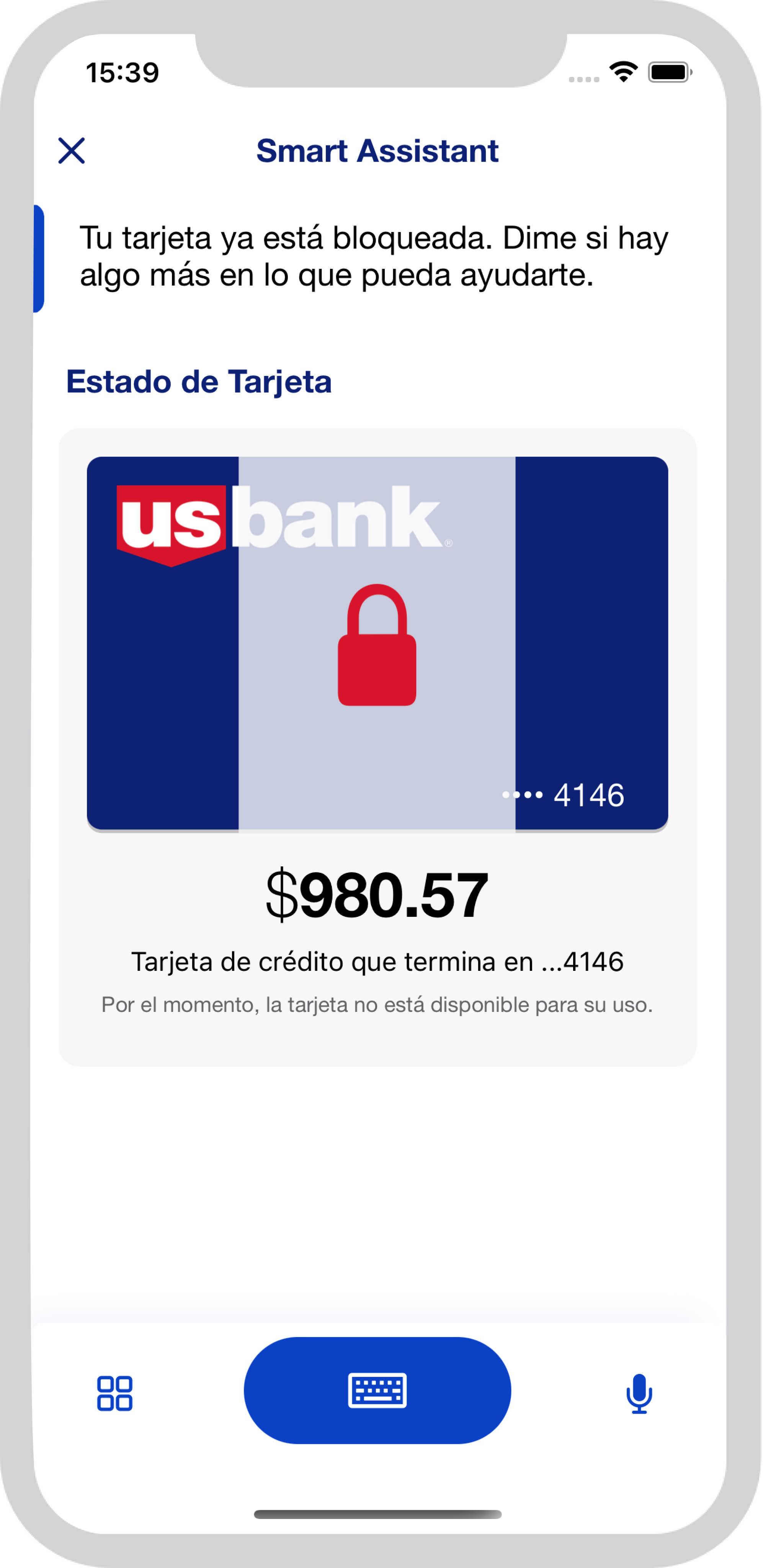 U.S. Bank Asistente Inteligente en español tarjeta bloqueada