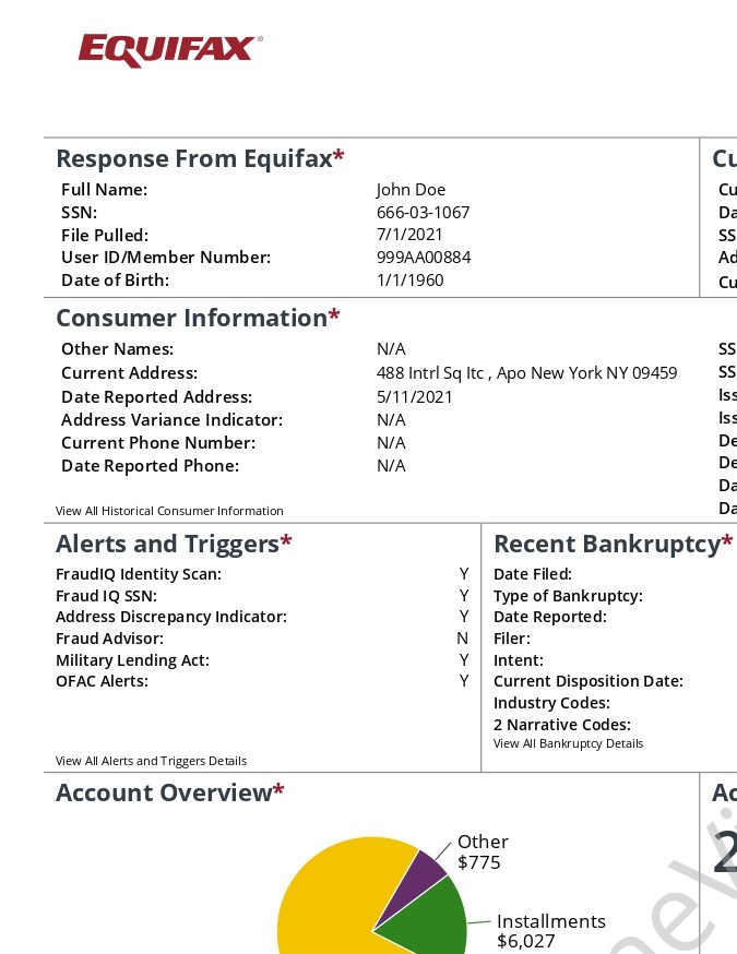 Muestra de un estado de puntaje crediticio de Equifax.