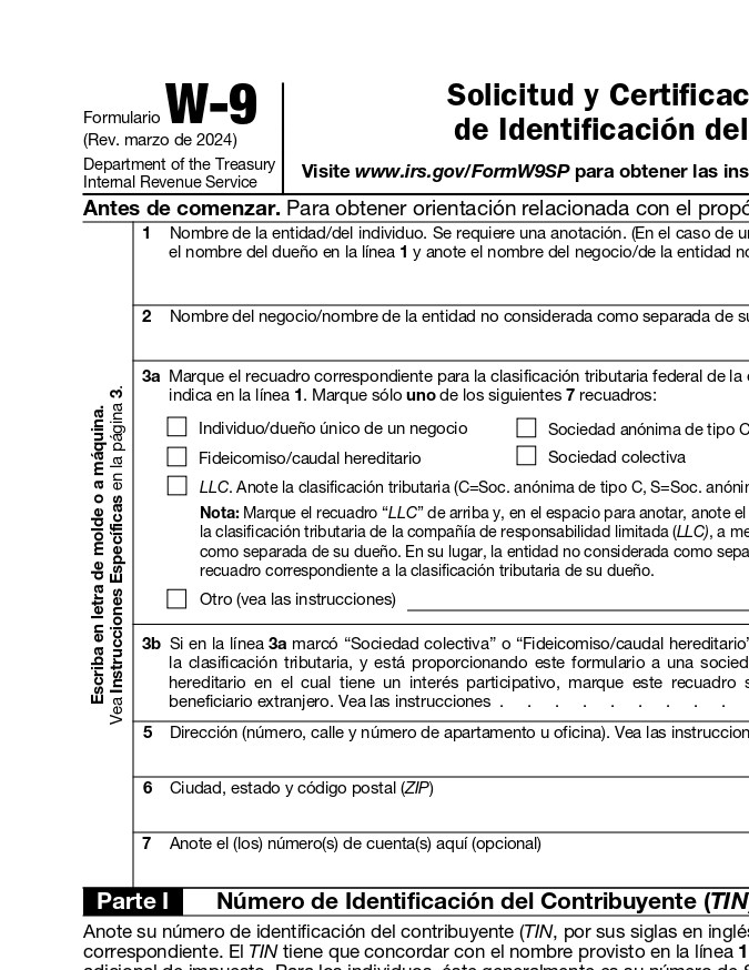 Formulario W-9 del IRS.