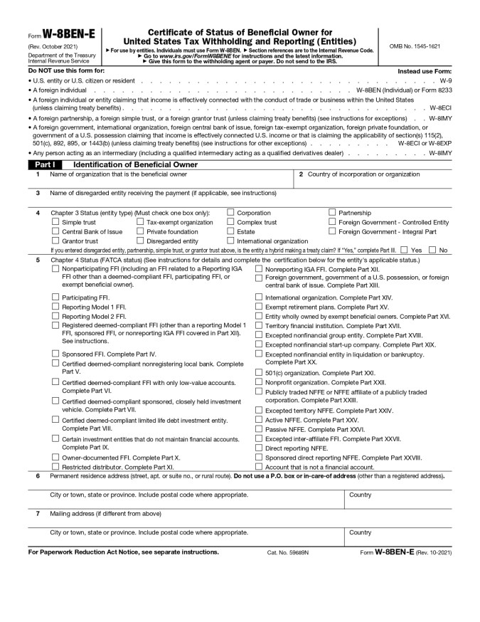 Formulario W-8BEN-E del IRS.