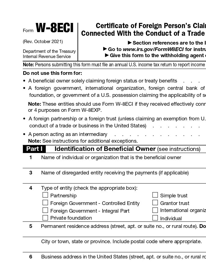 Formulario W-8ECI del IRS.