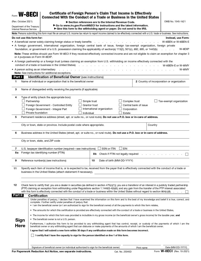 Formulario W-8ECI del IRS.