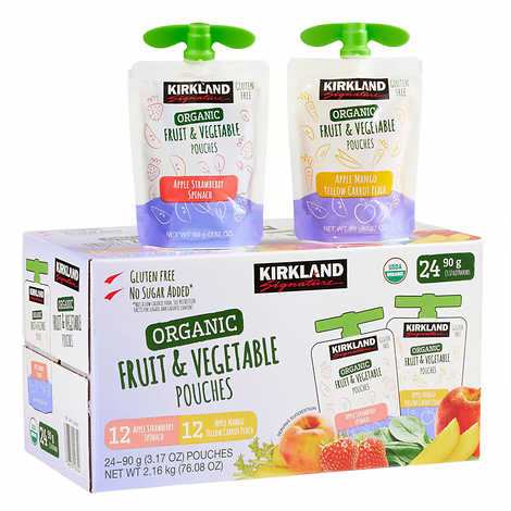 Kirkland Signature, Organic Fruit and Vegetable Pouches, Variety Pack, 3.17 oz, 24-count.