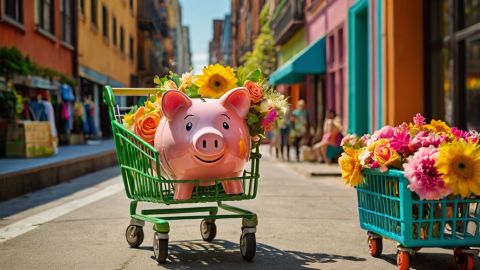 Alcancía dentro de un carrito de compras con flores.