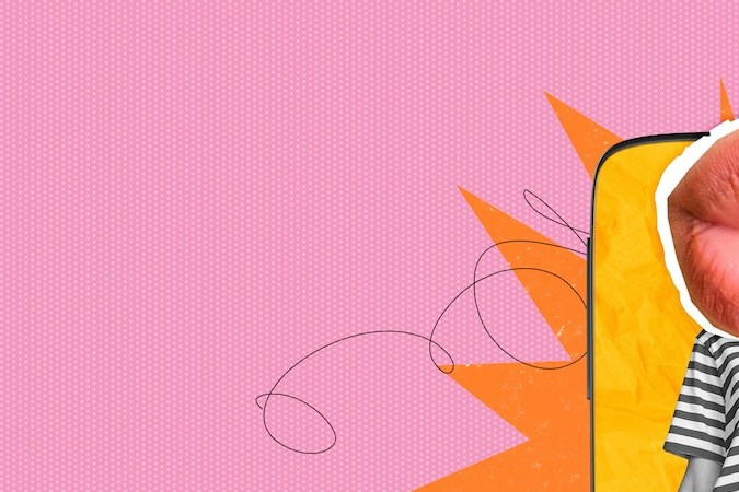 Collage de una mujer ofreciendo productos en línea.