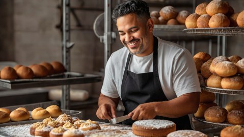 Panadero latino cocinando feliz.
