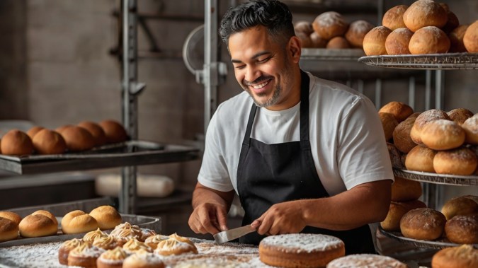 Panadero latino cocinando feliz.
