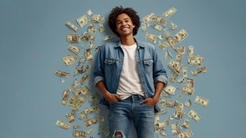Hombre rodeado de dinero tras reciclar sus jeans en Target.