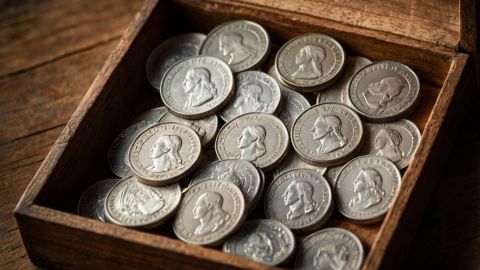 Vista cenital de una caja de madera con monedas de plata dentro.