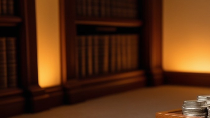 Caja de madera con monedas de plata dentro y fuera, sobre alfombra.