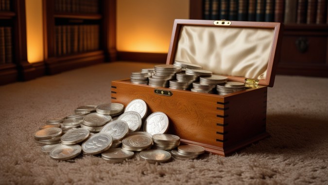 Caja de madera con monedas de plata dentro y fuera, sobre alfombra.