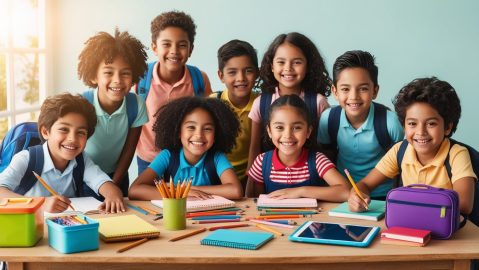 Grupo de niños latinos, con sus nuevos útiles escolares.