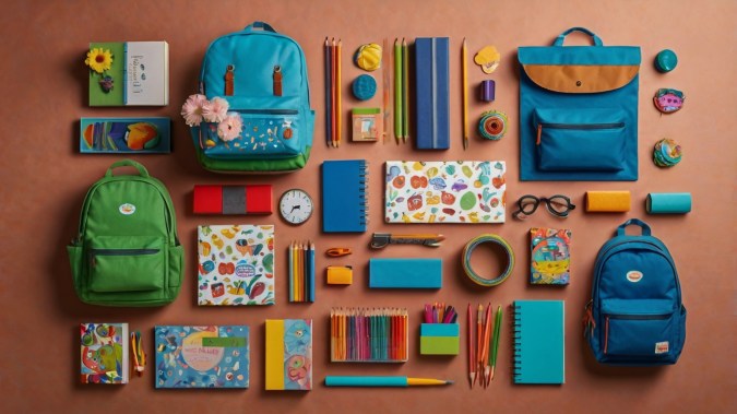 Útiles escolares para el regreso a clases, toma cenital.