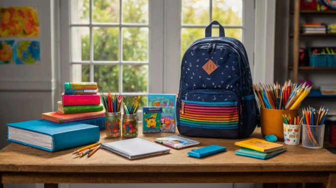 Útiles escolares para el regreso a clases sobre una mesa de madera.