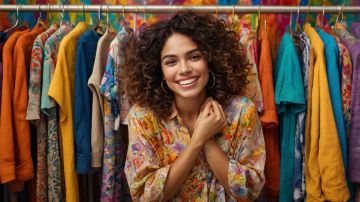 Mujer latina sonriente frente a un estante con ropa colgada.