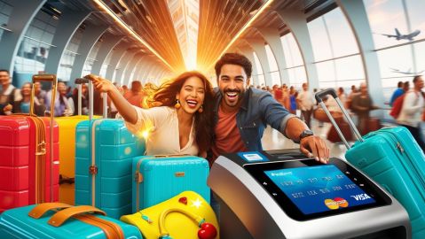Pareja feliz en el aeropuerto antes de salir de viaje y usar su tarjeta de crédito.