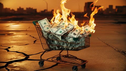 Carrito de compras con billetes incendiándose adentro.