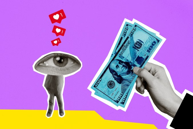 Imagen de boceto, collage de tendencia compuesta de un personaje joven, mano, brazo, ojo enorme, dedo como pierna, muestra dinero, billete de dólar estadounidense como pancarta.