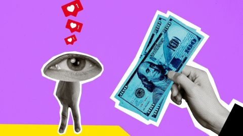 Imagen de boceto, collage de tendencia compuesta de un personaje joven, mano, brazo, ojo enorme, dedo como pierna, muestra dinero, billete de dólar estadounidense como pancarta.