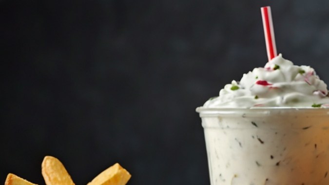 Selección de comida rápida, que incluye hamburguesa, papas, alitas y una malteada.