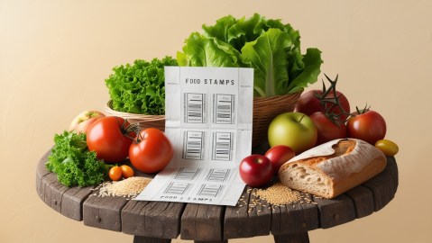 Cupones de comida rodeados de alimentos saludables sobre una mesa de madera.