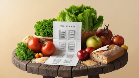 Cupones de comida rodeados de alimentos saludables sobre una mesa de madera.