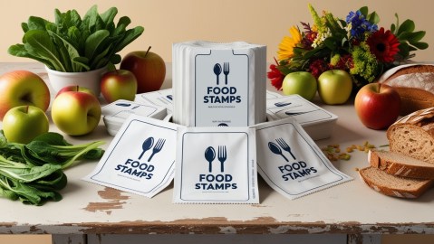 Imagen realista de cupones de alimentos rodeados por comida saludable.