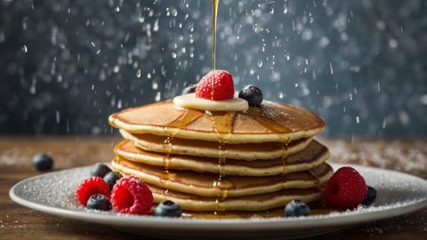 Pancakes en un plato sobre una mesa.