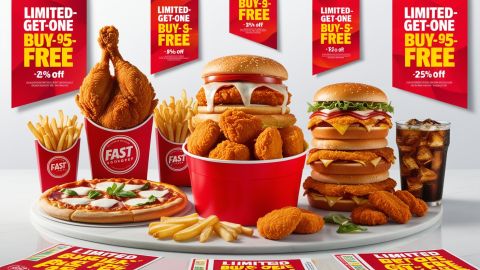 Mesa con diferentes opciones de comida rápida con descuento por Labor Day 2024.