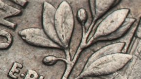 Antorcha, rama de roble y rama de olivo representadas en la moneda de diez centavos de Estados Unidos.