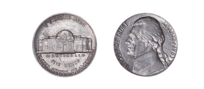 Moneda de 5 centavos de EE.UU., 1983, vista frontal y posterior.