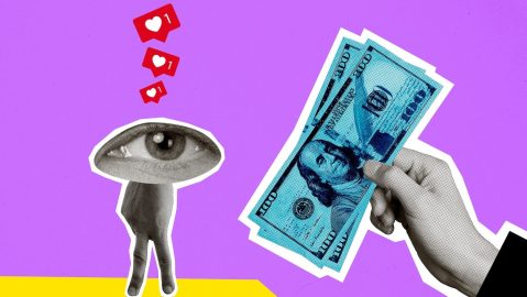 Collage de tendencia compuesta de un personaje joven, mano, brazo, ojo enorme, dedo como pierna, muestra dinero, billete de dólar estadounidense como pancarta.