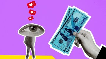 Collage de tendencia compuesta de un personaje joven, mano, brazo, ojo enorme, dedo como pierna, muestra dinero, billete de dólar estadounidense como pancarta.
