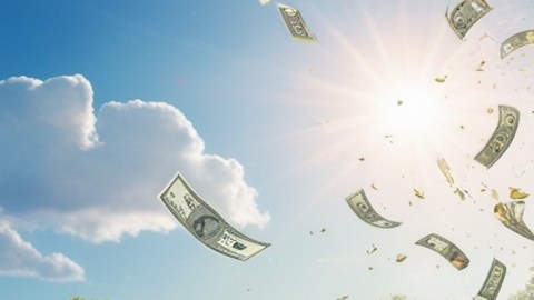 Coche eléctrico bajo una lluvia de billetes y moneda de oro.