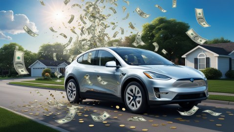 Coche eléctrico bajo una lluvia de billetes y moneda de oro.
