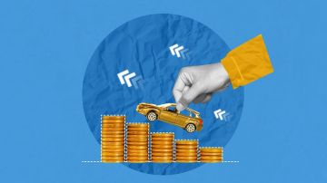 Collage de arte creativo de monedas de dinero con un modelo de automóvil para el seguro y el préstamo de automóviles.