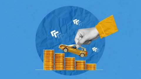 Collage de arte creativo de monedas de dinero con un modelo de automóvil para el seguro y el préstamo de automóviles.