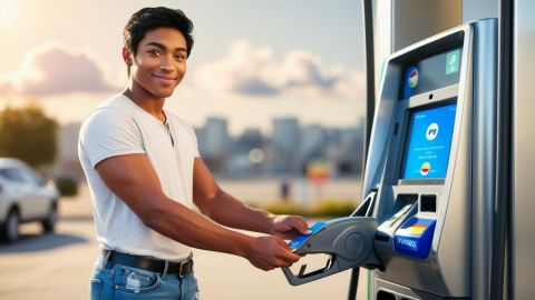 Hombre paga su gasolina con tarjeta de crédito.