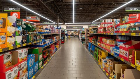 El pasillo de cereales y pasteles o mezclas para postres de una tienda Aldi.