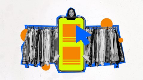 Collage de fotos creativo, chica joven y alegre, smartphone, pantalla táctil, tienda en línea, compras.