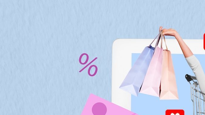 Imagen de collage compuesto de una joven emocionada y feliz montando un carrito con bolsas de compras en el supermercado