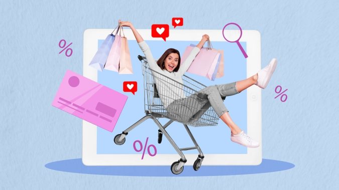 Imagen de collage compuesto de una joven emocionada y feliz montando un carrito con bolsas de compras en el supermercado