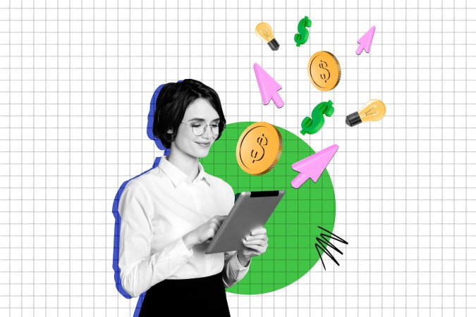 Plantilla de foto de collage de una alegre chica analítica de negocios que navega en una tableta y monitorea el progreso de la empresa aislada sobre un fondo a cuadros