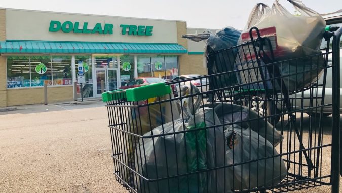 Un carrito lleno de productos frente a una tienda de descuentos Dollar Tree.