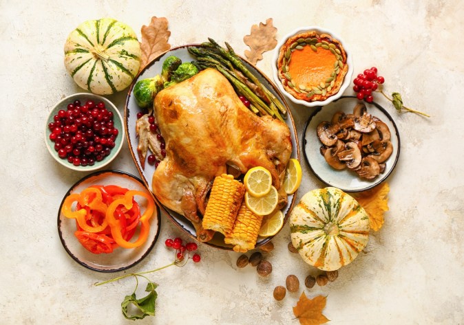 Delicioso pavo al horno y diferentes comidas para el Día de Acción de Gracias sobre fondo claro.