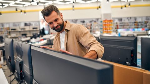 Un hombre toca con delicadeza y sonrisa un televisor de plasma en una tienda de electrodomésticos, aparatos electrónicos y gadgets. Compra de un televisor nuevo, día de rebajas.