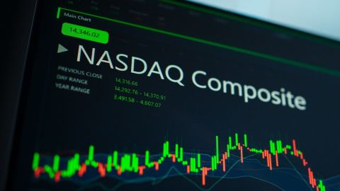 Pantalla de computadora con gráfico de velas del mercado de valores del índice compuesto Nasdaq.