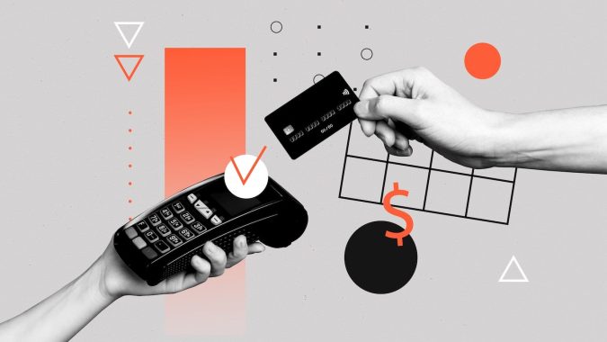Collage de arte creativo compuesto de manos que sostienen un terminal de punto de venta con servicio NFC para pago con tarjeta de crédito sin efectivo aislado sobre fondo pintado.