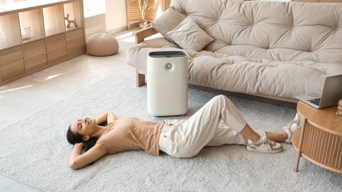 Mujer joven acostada en el suelo cerca del purificador de aire en una hermosa sala de estar.